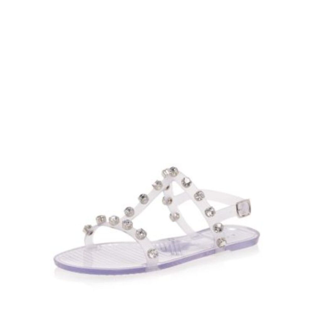 AQUA Womens Clear Translucent Slingback Studded T-Strap Open Toe Buckle Jelly 8